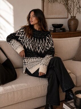 Fair Isle Nordic Tunic Sweater Black White Gray XS